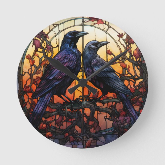 Festgelegte Glass Ravens Runde Wanduhr (Vorderseite)