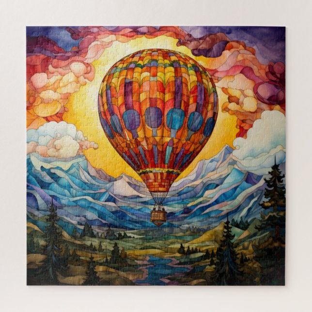 Festgelegtes Glas Hot Air Ballon Sunset Mountains (Vertikal)