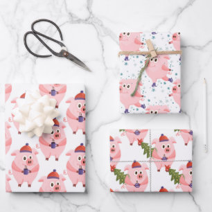 Festif Cochons de Noël enveloppant des feuilles de