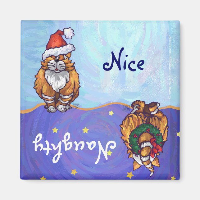 Festif Ginger Chat Naughty Nice Holiday Magnet (Devant)
