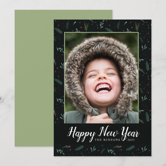 Festif Nouvel An Feuille Berries Carte photo (Devant / Derrière)