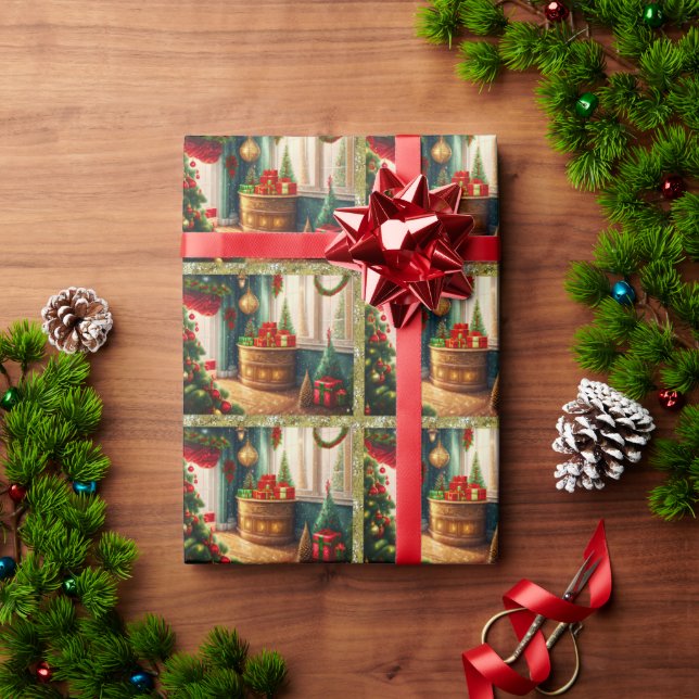 Festisch dekoriertes Zimmer, traditionelle Weihnac Geschenkpapier (Feiertagsgeschenk)