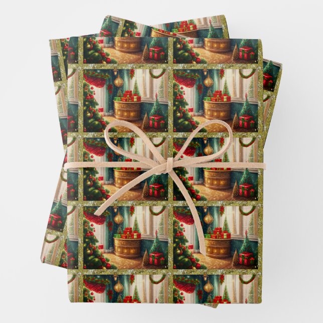 Festisch dekoriertes Zimmer, traditionelle Weihnac Geschenkpapier Set (Beispiel)