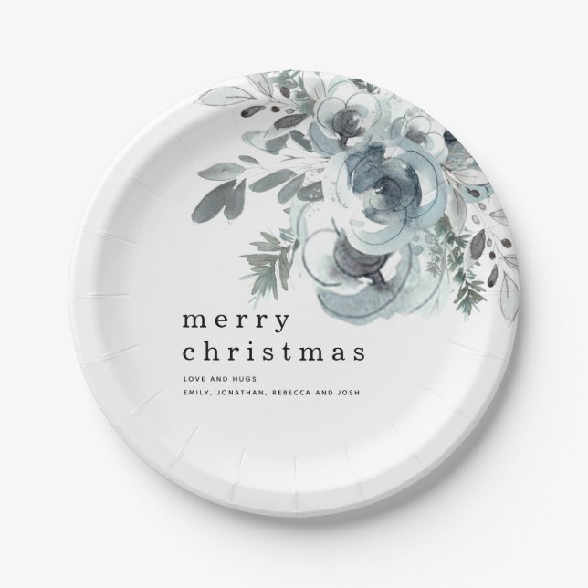 Festival Blue Florals Foliage Names Frohe Weihnach Pappteller (Vorderseite)