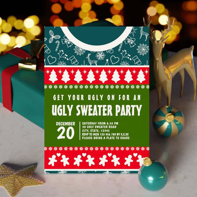Festival Blue Red and Green Ugly Sweater Xmas Part Einladung (Festive Blue Red and Green Ugly Sweater Xmas Party Invitation)