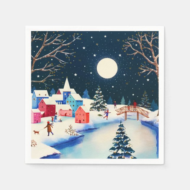 Festival Blue Winter Snow Village Serviette (Vorderseite)