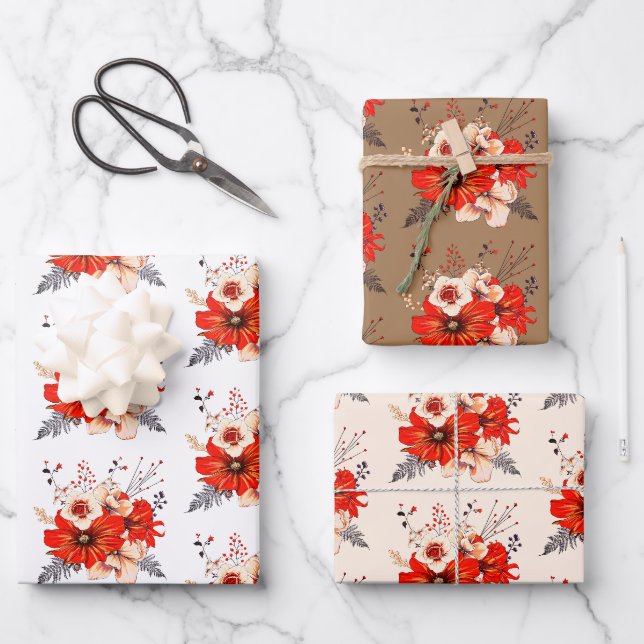 Festival Blumenmuster Red Creme Gold Weihnachten Geschenkpapier Set (Vorderseite)