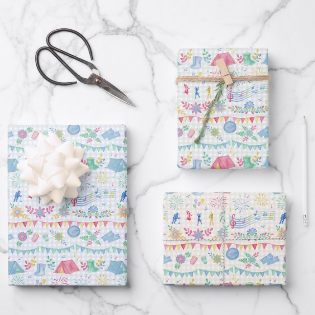 Festival-Camping auf Gingham Geschenkpapier Set (Vorderseite)