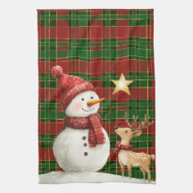 Festival Classic Red Green Gold Tartan Snowman