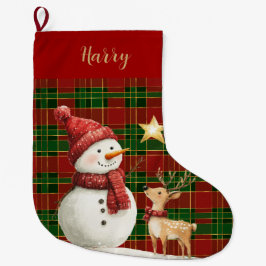 Festival Classic Red Green Gold Tartan Snowman Großer Weihnachtsstrumpf