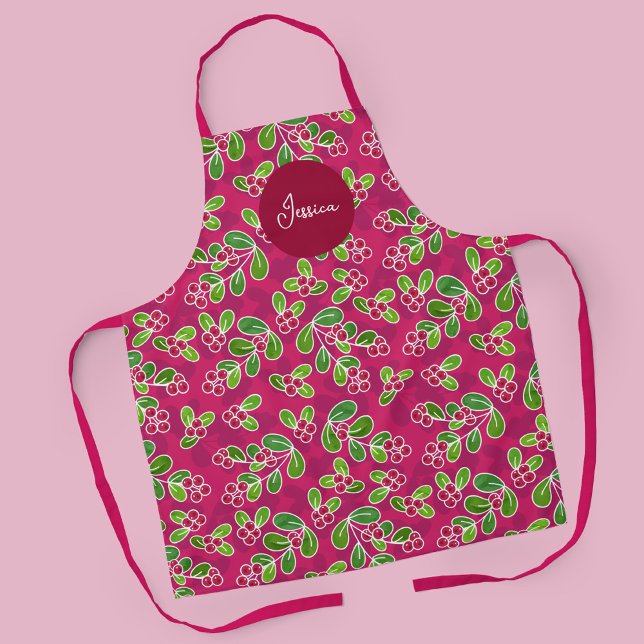 Festival Cranberry Foliage Muster, Fuchsia Schürze (Winter Cranberries in Fuchsia Pattern with Name Apron)