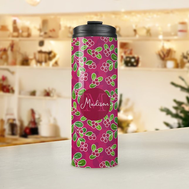 Festival Cranberry Foliage Muster, Fuchsia Thermosbecher (Festive Cranberry Pattern with Monogram Tumbler)