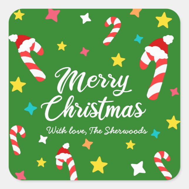 Festival Green Candy Cane Pattern Frohe Weihnachte Quadratischer Aufkleber (Vorderseite)