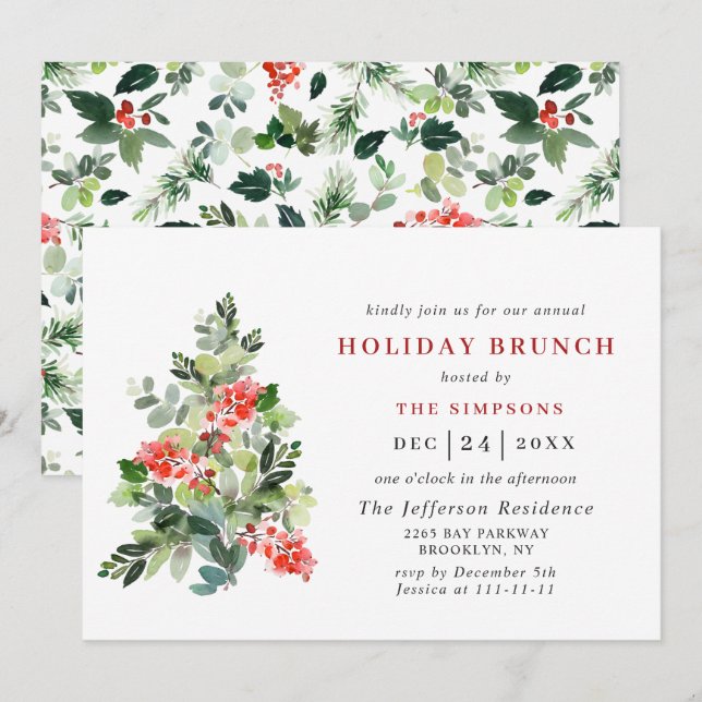 Festival Holly Berry Tree HOLIDAY BRUNCH CHRISTMAS Einladung (Vorne/Hinten)