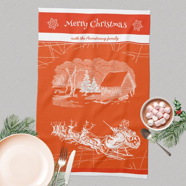 Festival Orange Santa Claus Modernes Geschirrtuch (Merry Christmas 🎅🏻 Santa Sleigh Reindeers Orange Kitchen Towel ©Susanne Sachers - Sunny Mind Desig)