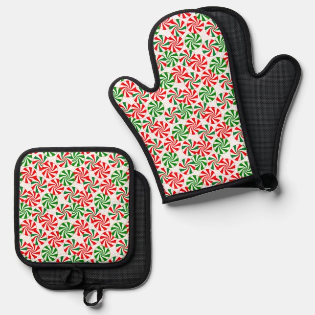 Festival Red Green Christmas Candy Cane Ofenhandschuh & Topflappen-Set (Vorderseite/Rückseite)