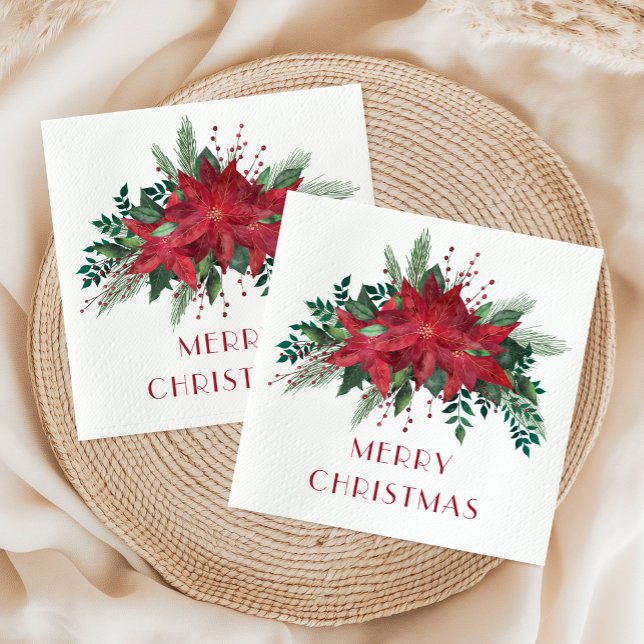 Festival Red Poinsettia Frohe Weihnachten Serviette (Festive Red Poinsettia Merry Christmas Napkins)