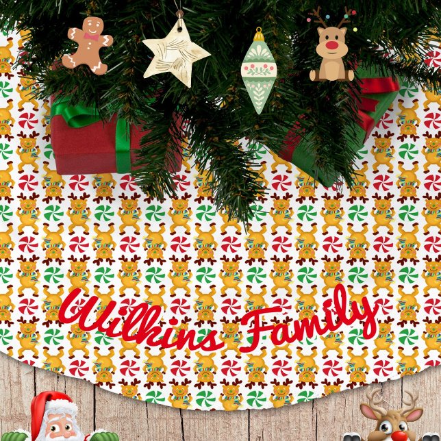 Festival Rentier Red Green Peppermint Candy Polyester Weihnachtsbaumdecke (Holiday Reindeer & Christmas Candies Personalized Tree Skirt)