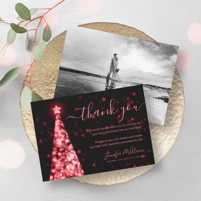 Festival Tree Red Black Wedding Foto Vielen Dank Einladung (Festive Tree Red Black Wedding Photo Thank You Invitation)