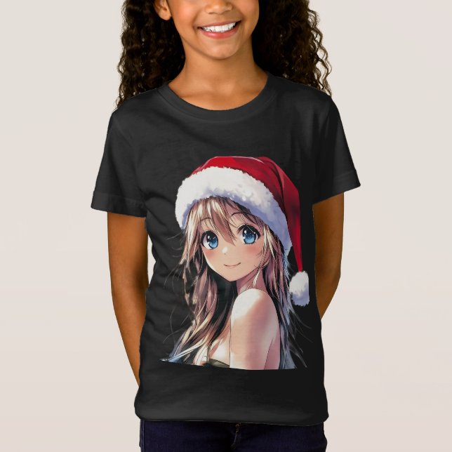 Festivals Anime Girl-Weihnachtsmannmütze mit hellb T-Shirt (Vorderseite)