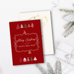 Festivals Bow & Tree Doodle Classic Red Holiday Ca Feiertagskarte