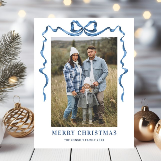 Festivals Dusty Blue Christmas Bow Ribbon 2 Foto Postkarte (Von Creator hochgeladen)