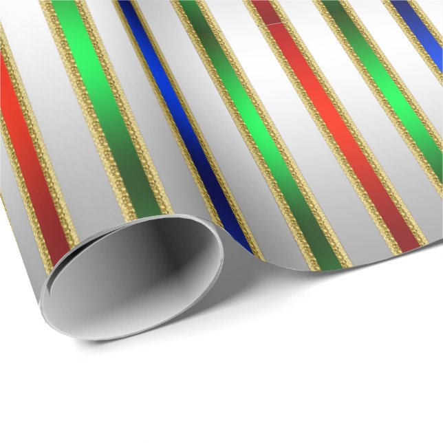 Festivals Glam Stripes Red Blue Green Silver Geschenkpapier (Rolleneckpunkt)