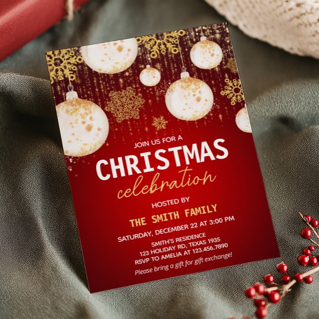 Festivals Gold Balls Roter Feiertag Weihnachten Pa Einladung (Gold Balls Red Festive Holiday Christmas Party Invitation)
