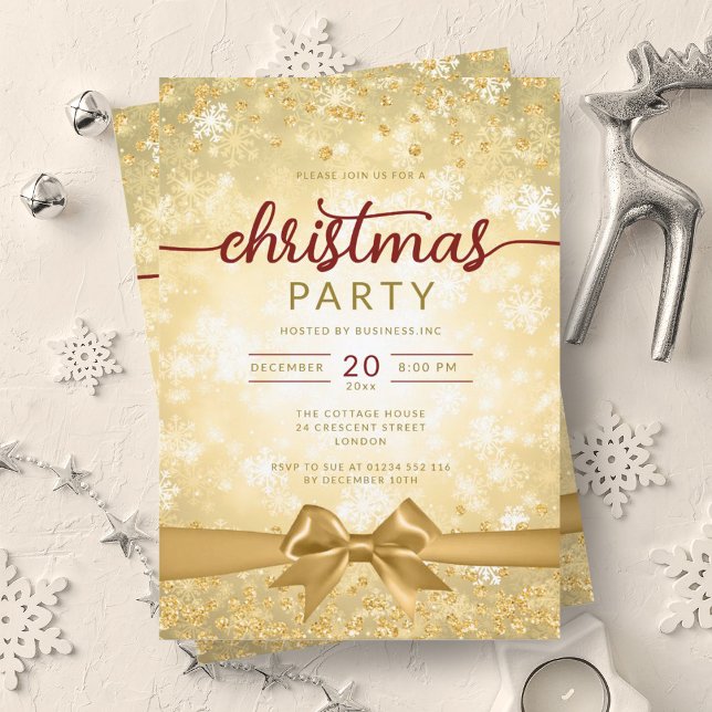 Festivals Gold Winter Snowflakes Company Ribbon Einladung (Festive Gold Winter Snowflakes Company Ribbon Invitation)