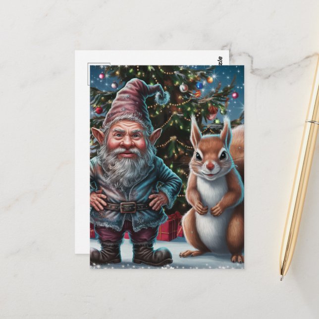 Festivals Grumpy Gnome und Eichhörnchen Weihnachte Postkarte (Vorderseite/Rückseite Beispiel)
