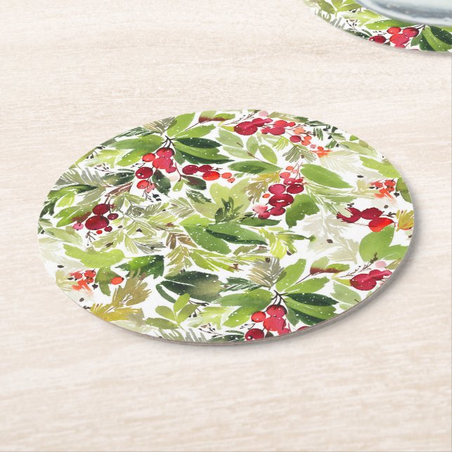 Festivals Holry und Evergreen Wasserfarbe Runder Pappuntersetzer (Angewinkelt)
