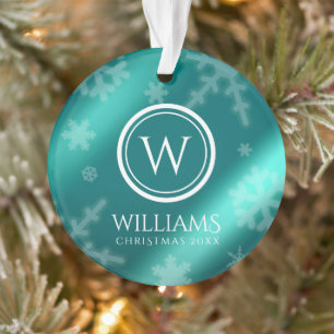 Festivals Light Blue Foil Snowflakes Monogram Name Ornament