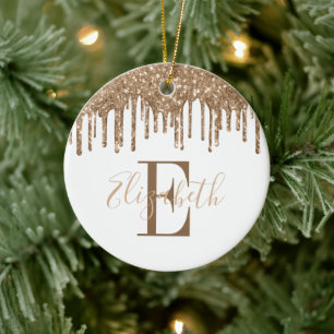 Festivals Monogram Gold Glitzer Tropfen Keramik Ornament