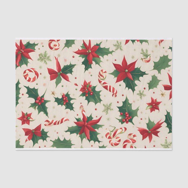 Festivals Poinsettias & Candy Cane Weihnachtsthema Seidenpapier (Vorderseite)