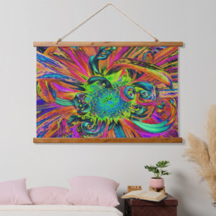 Festivals Psychedelisch farbenfrohe Dahlia Blume P Wandteppich Mit Holzrahmen