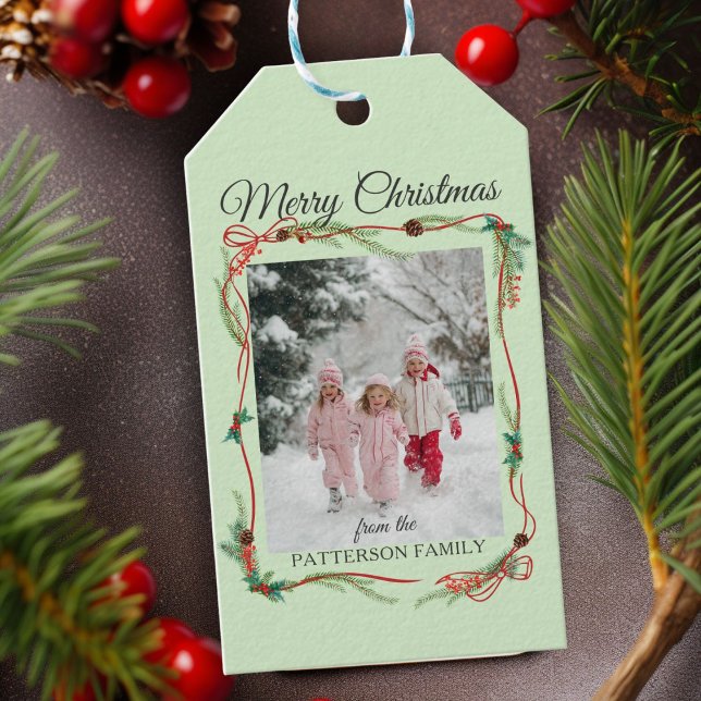 Festivals Red Bow Border -1 Foto Sage Green Geschenkanhänger (Festive Red Bow Border -1 Custom Photo Sage Green Gift Tags)