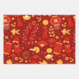 Festivals Red & Gold Chinesische Neujahrssymbole Geschenkpapier Set