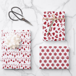 Festivals Retro Rot auf weißem Weihnachtsmuster Geschenkpapier Set