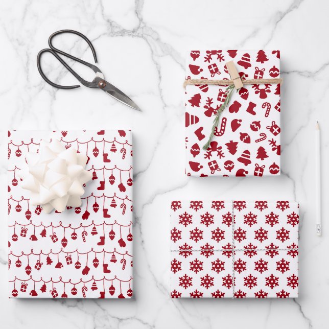 Festivals Retro Rot auf weißem Weihnachtsmuster Geschenkpapier Set (Vorderseite)