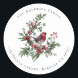 Festivals Robin Christmas Rücksendeadresse Runder Aufkleber<br><div class="desc">Aus unserer Weihnachtskollektion Red Robin. **BITTE LESEN SIE VOR DER BESTELLUNG** Wenn Sie Änderungen an Form oder Größe vornehmen oder ein anderes Produkt auswählen und das Design in irgendeiner Weise zugeschnitten ist oder auf der Seite nicht richtig aussieht, müssen Sie den Live Design Service nutzen, um das Layout für Sie...</div>