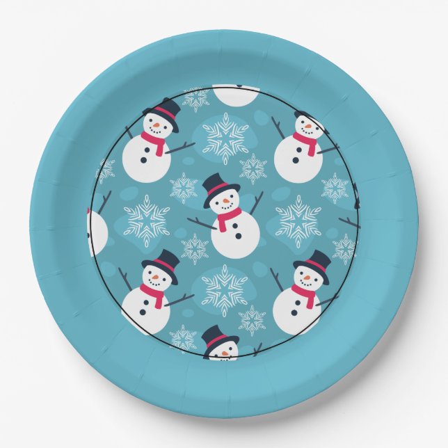 Festivals Snowman auf blauem Muster Pappteller (Vorderseite)