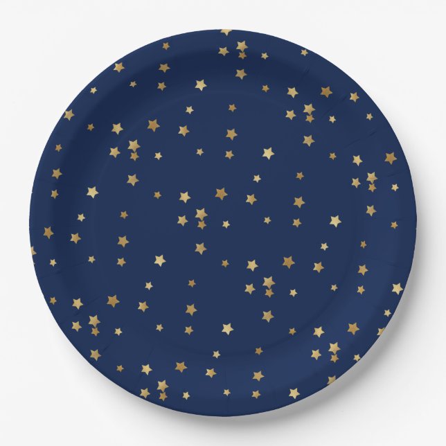 Festivals Urlaub Blau & Glitterie Gold Stars Pappteller (Vorderseite)