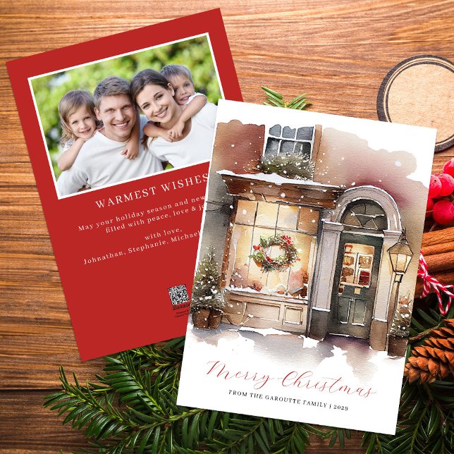 Festivals Wasserfarbe Foto Frohe Weihnachten (Merry Christmas Watercolor Photo Red Holiday Card)