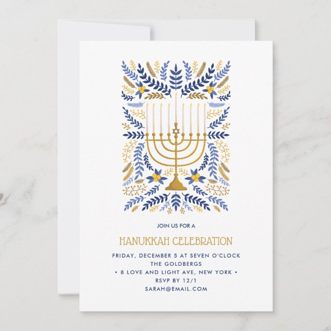 Festivals Wasserfarbe Menorah Floral Hanukkah PART Einladung (Vorderseite)