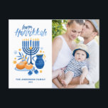 Festivals Wasserfarbe Menorah Happy Hanukkah Foto Feiertagspostkarte<br><div class="desc">Happy Hanukkah! Send Hanukkah wishes to family and friends with this customizable foto postcard. It feys watercolor illustrationen of Hanukkah symbos such as Hanukkiah or menorah,  sufganiyot,  olives and dreidel. Personalize by adding names and hat ein Foto.</div>
