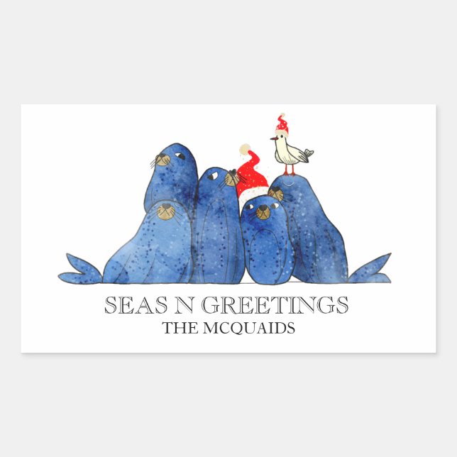 Festivals Wasserfarben-Seelöwen-Santas-Hutsticker Rechteckiger Aufkleber (Vorderseite)