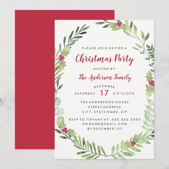 Festivals Watercolor Wreath Weihnachtskarte Party Einladung (Vorne/Hinten)