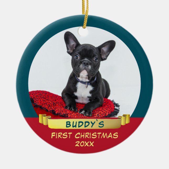 Festivals Welpe 1 Weihnachtsband Foto Keramik Ornament (Vorne)