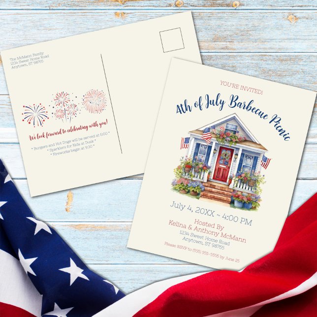 Festive 4 juillet Barbecue Pique-Nique Invitation (Festive 4th of July Barbecue Picnic Postcard Invitation)