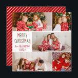 Festive 5 Family Photo Red Striped Merry Christmas Feiertagskarte<br><div class="desc">Clean,  modern family photo collage Merry Christmas cards with five of your favorite holiday photographs. Modern red and white striped back for a festive and cute card with your kids pictures. Red and green handwritten script decorates the front.</div>